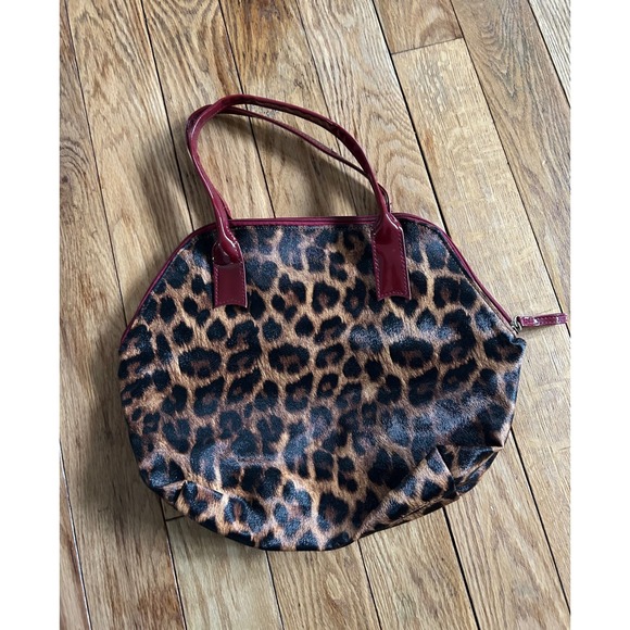 Leopard Print Satchel Bag Burgundy Trim Unique Shape Designer Style - Picture 1 of 3